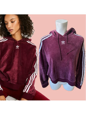 Adidas Originals Velour Hoodie Burgundy 3 Stripe Pullover Size M